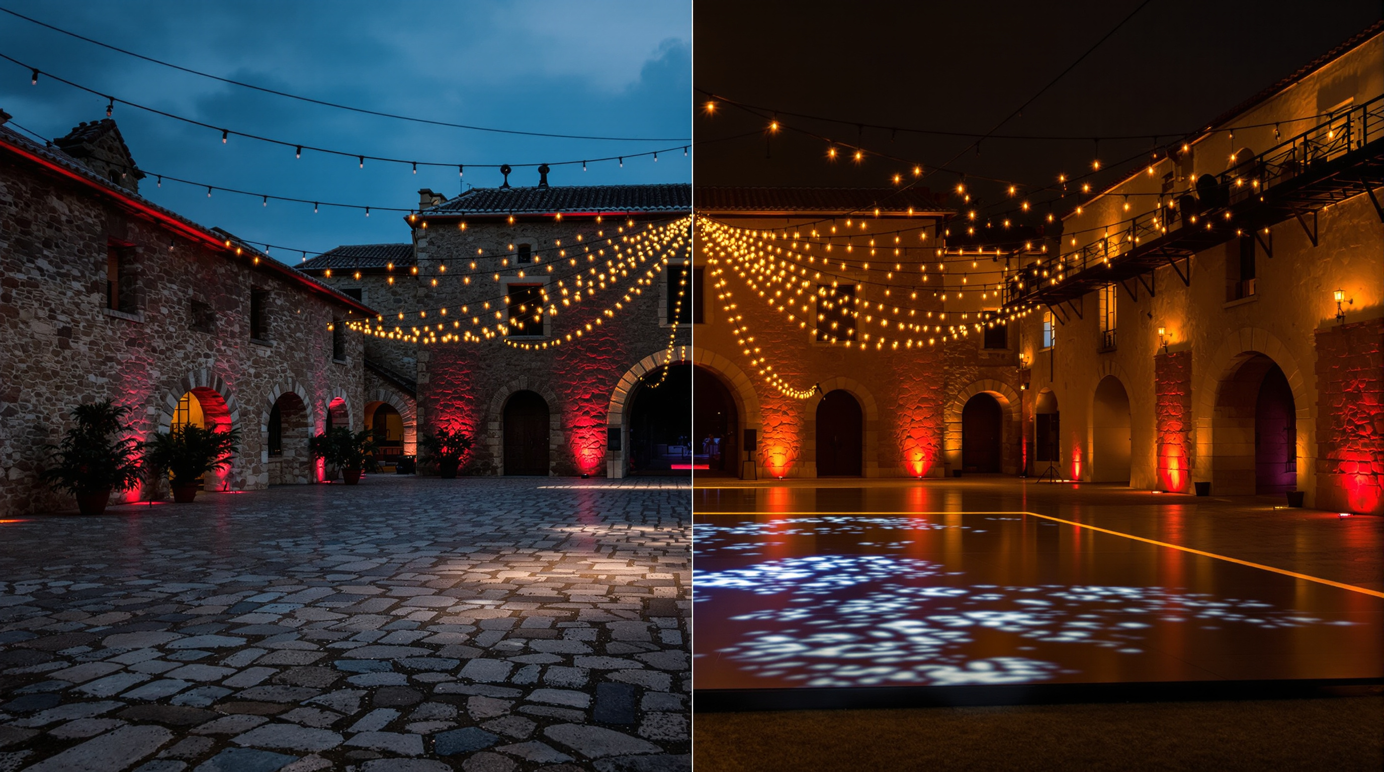 Espacio transformado con iluminación escénica y decoración para eventos